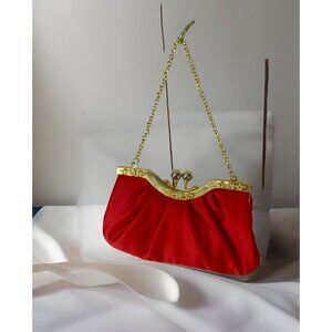 Jessica McClintock Red Satin Clutch Purse Gold Chain Snap closure with bling